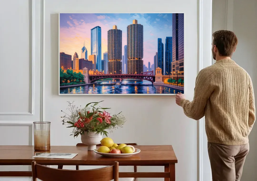Chicago Marina City Towers Panorama canvas wall art above a dining table