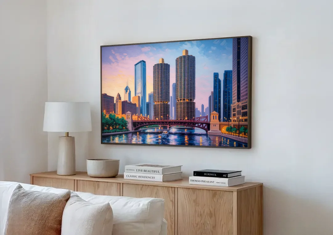 Chicago Marina City Towers Panorama canvas wall art above a wooden sideboard next to a sofa