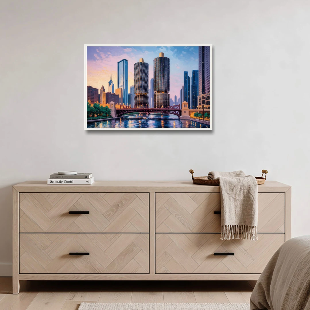 Chicago Marina City Towers Panorama - White Framed Canvas Wall Art - Coffee Table - 36x24