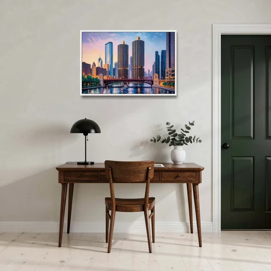 Chicago Marina City Towers Panorama - White Framed Canvas Wall Art - Office - 36x24