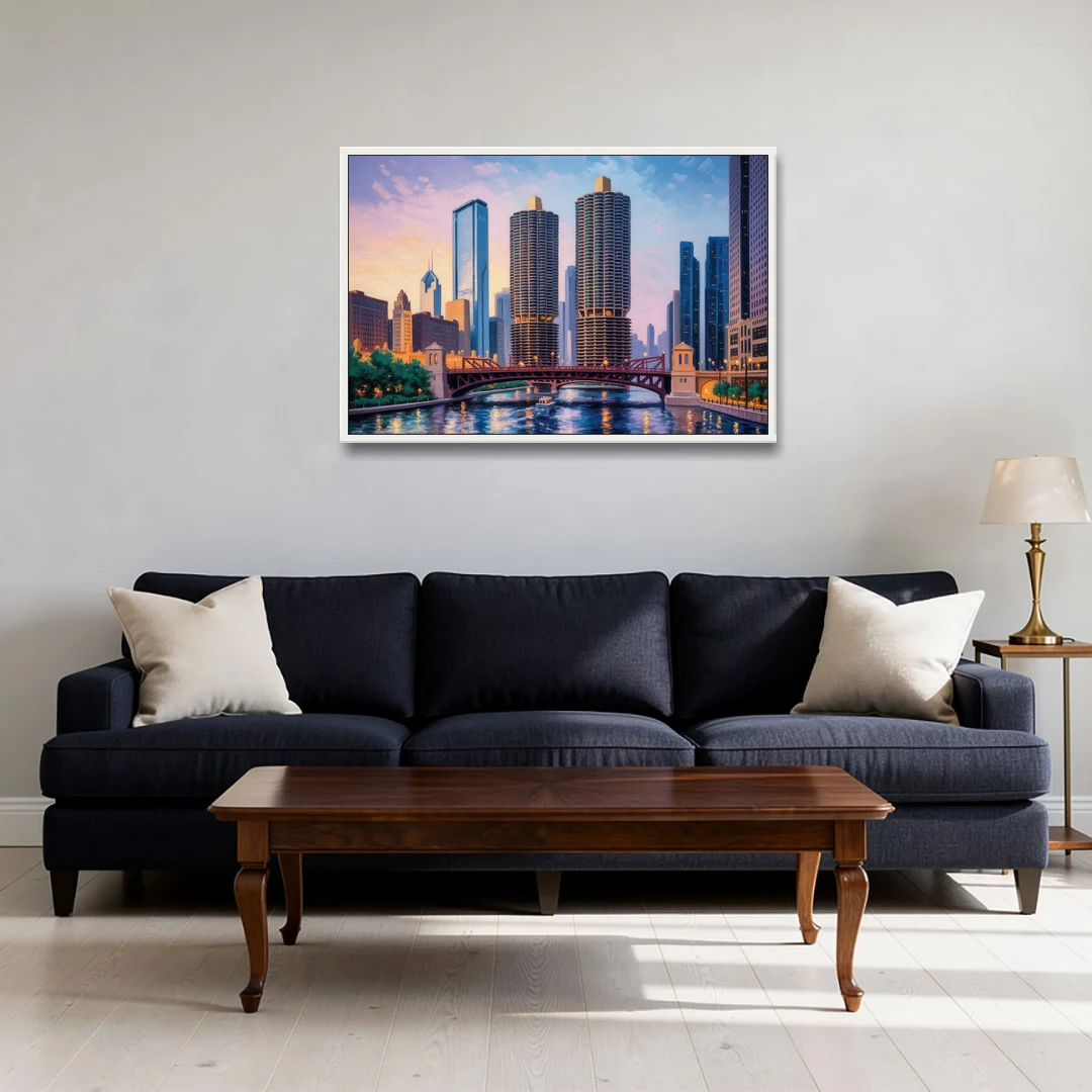 Chicago Marina City Towers Panorama - White Framed Canvas Wall Art - Sofa - 36x24