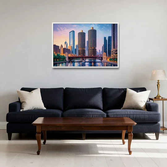 Chicago Marina City Towers Panorama - White Framed Canvas Wall Art - Sofa - 36x24