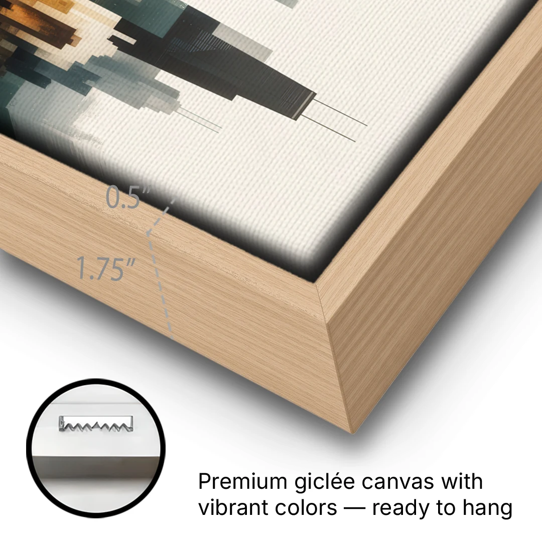 Chicago Metallic Skyline Outline - Oak Framed Canvas Wall Art - Gallery Wrap Corner