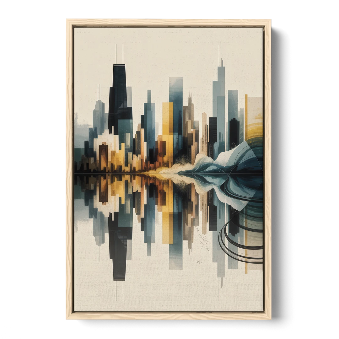 Chicago Metallic Skyline Outline - Oak Framed Canvas Wall Art - Front