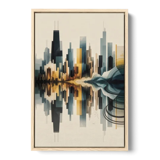 Chicago Metallic Skyline Outline - Oak Framed Canvas Wall Art - Front