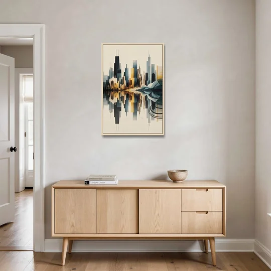 Chicago Metallic Skyline Outline - Oak Framed Canvas Wall Art - Coffee Table - 24x36