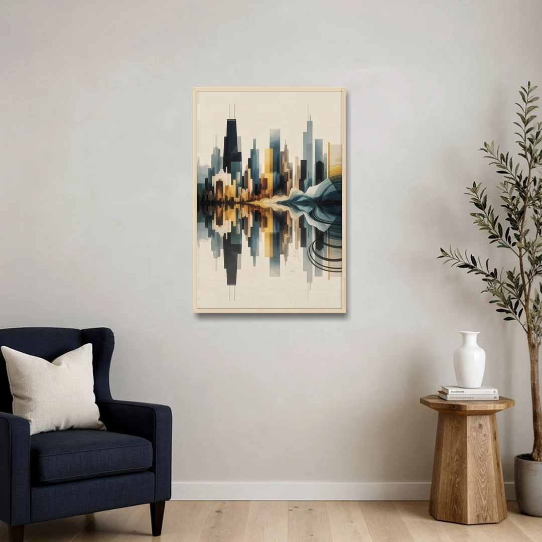 Chicago Metallic Skyline Outline - Oak Framed Canvas Wall Art - Sofa - 24x36