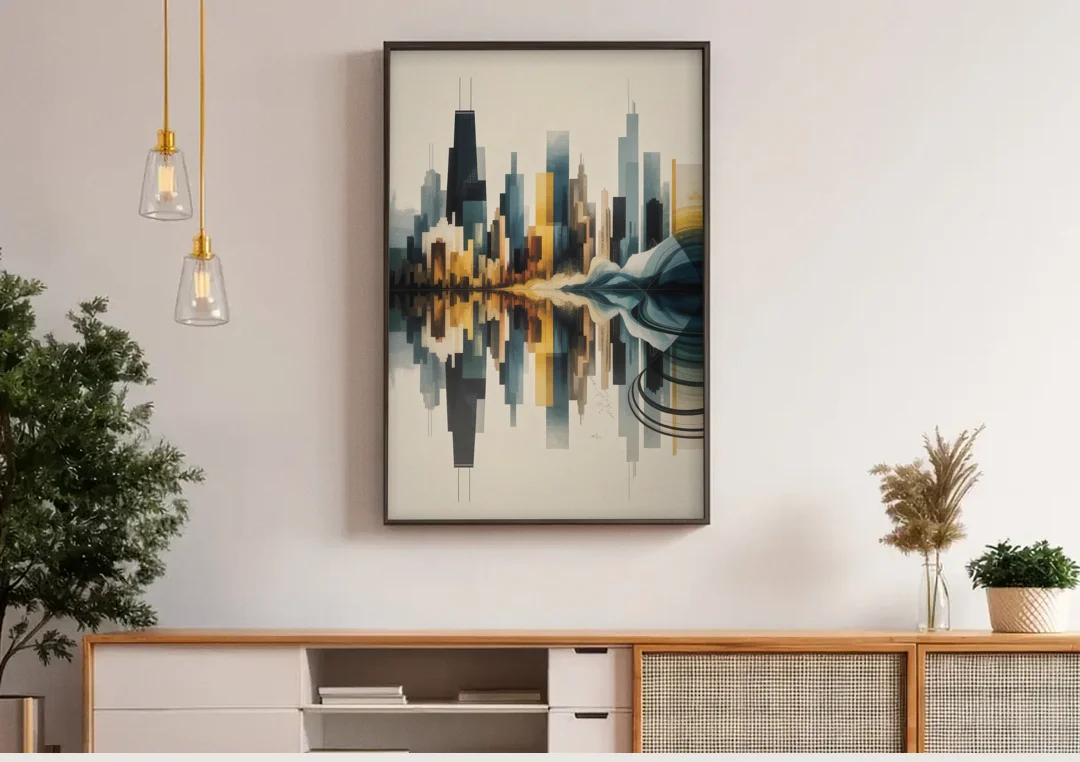 Chicago Metallic Skyline Outline canvas wall art above a wooden sideboard under pendant lights
