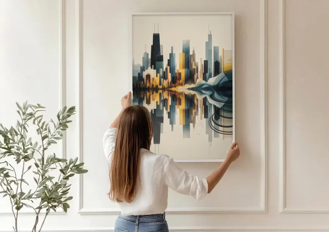 Chicago Metallic Skyline Outline canvas wall art being hung on a paneled wall