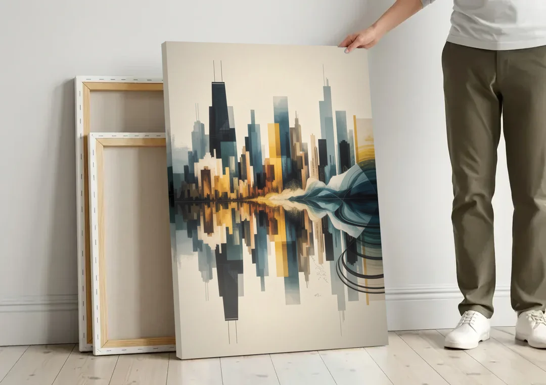 Chicago Metallic Skyline Outline canvas wall art leaning against a wall next to blank canvases