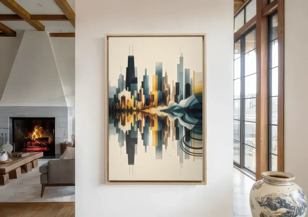 Chicago Metallic Skyline Outline canvas wall art in a living room with a fireplace