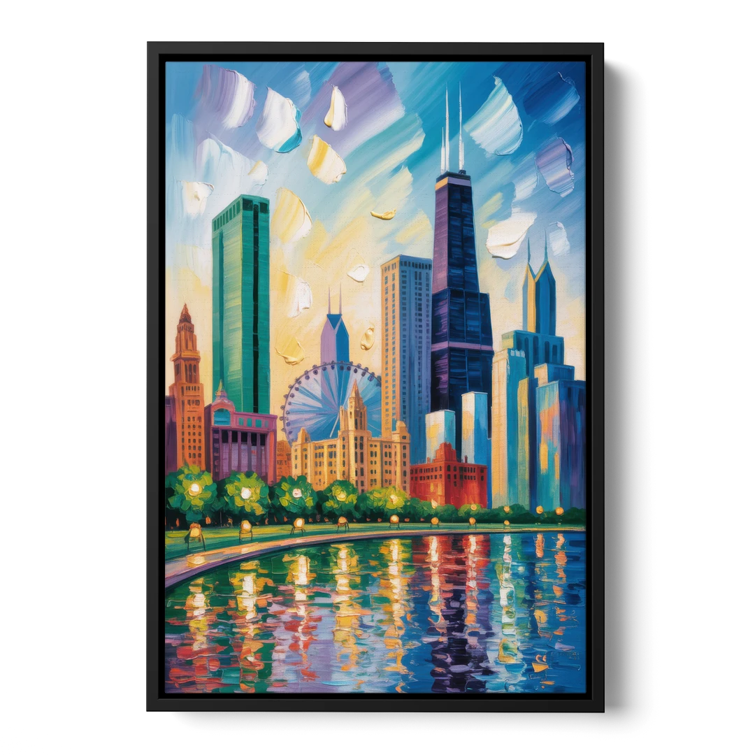 Chicago Minimal Line Art Skyline - Black Framed Canvas Wall Art - Front