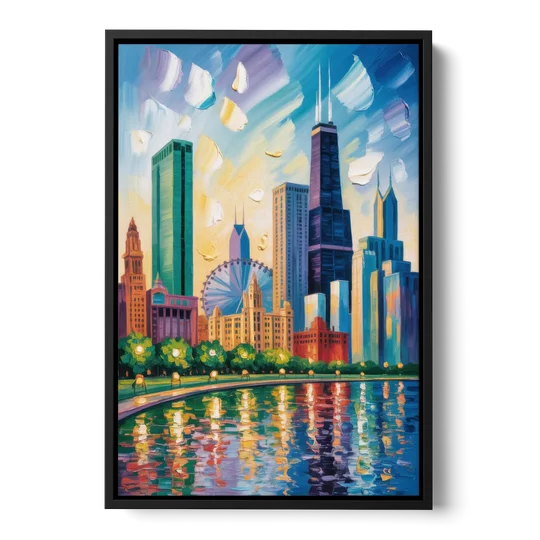 Chicago Minimal Line Art Skyline - Black Framed Canvas Wall Art - Front
