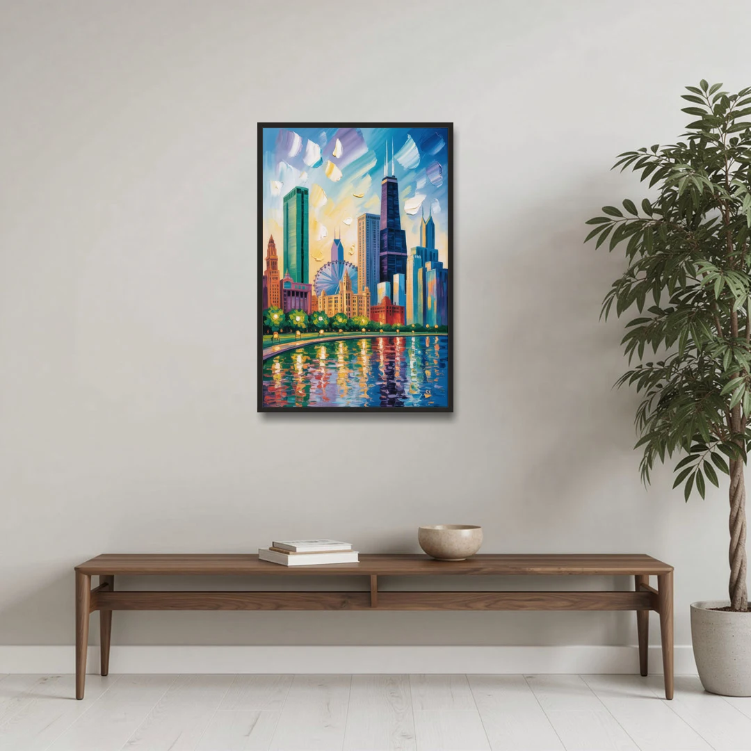 Chicago Minimal Line Art Skyline - Black Framed Canvas Wall Art - Coffee Table - 24x36