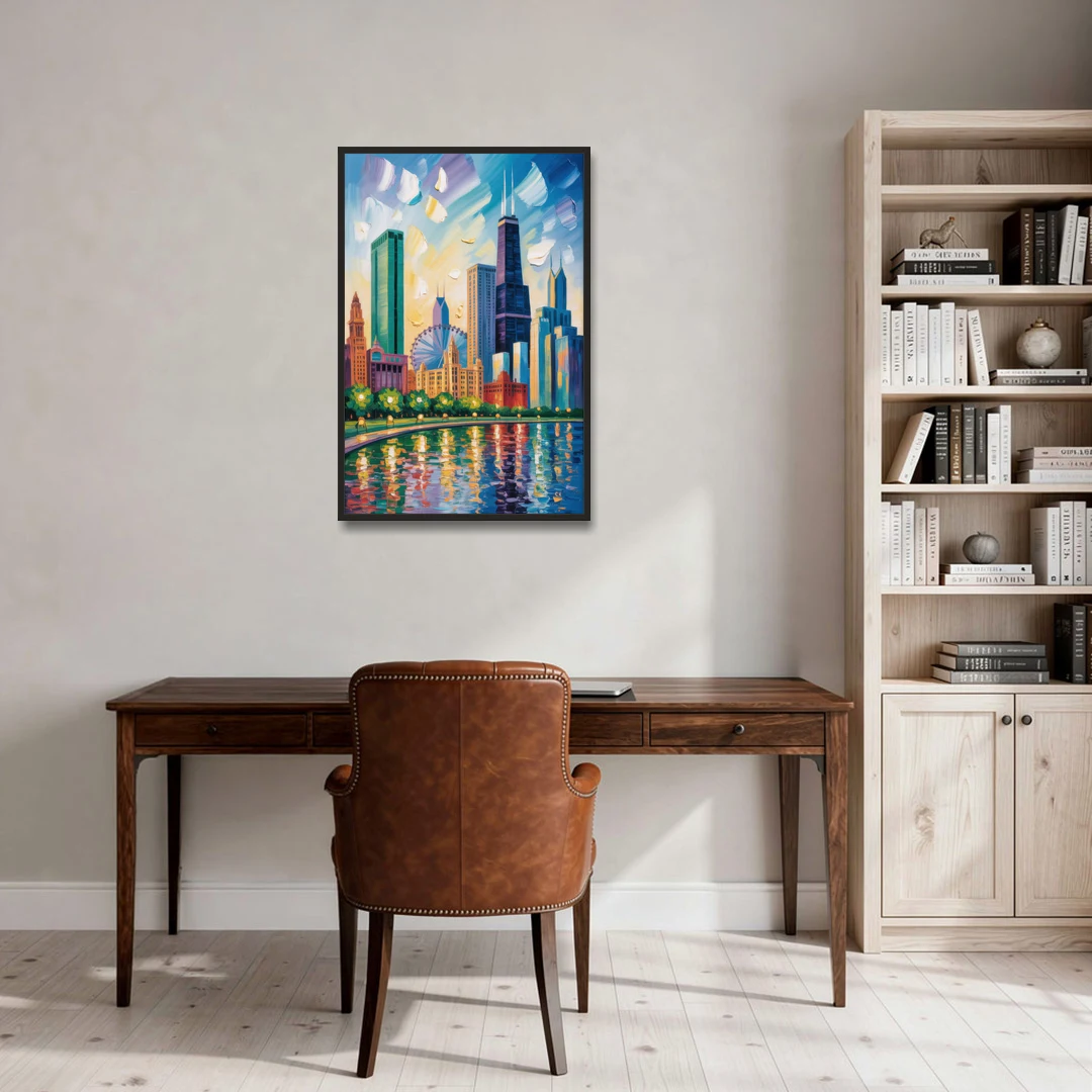Chicago Minimal Line Art Skyline - Black Framed Canvas Wall Art - Office - 24x36