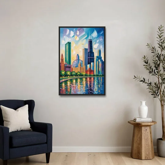 Chicago Minimal Line Art Skyline - Black Framed Canvas Wall Art - Sofa - 24x36