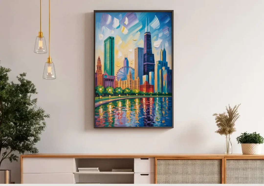 Chicago Minimal Line Art Skyline canvas wall art above a wooden sideboard under pendant lights