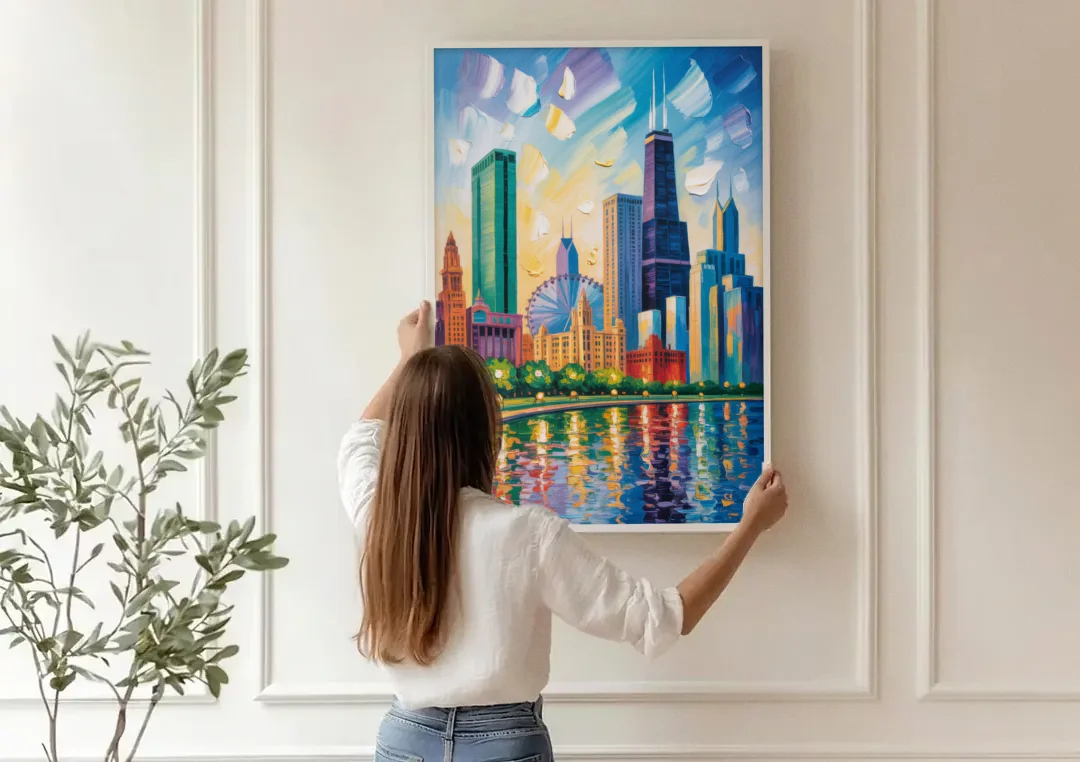 Chicago Minimal Line Art Skyline canvas wall art being hung on a paneled wall
