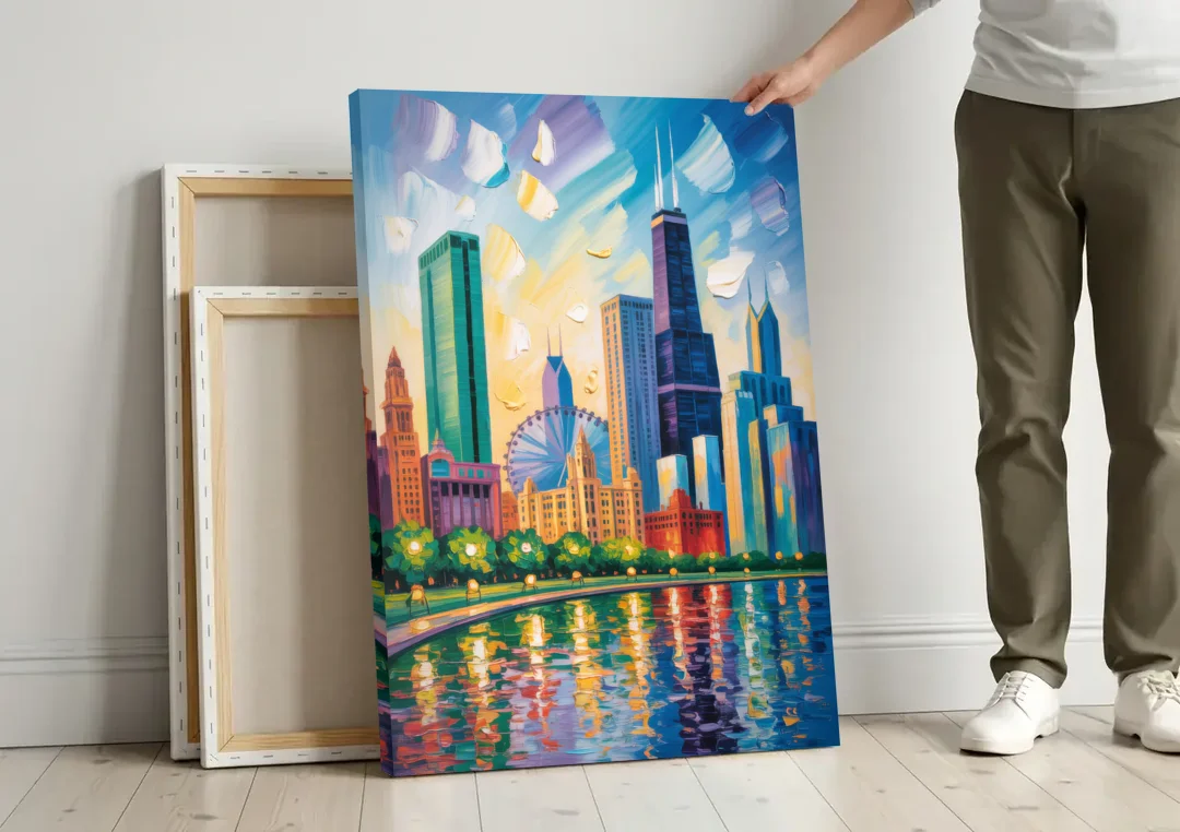 Chicago Minimal Line Art Skyline canvas wall art leaning against a wall next to blank canvases