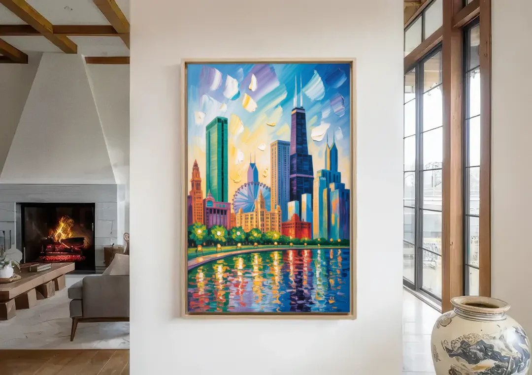 Chicago Minimal Line Art Skyline canvas wall art in a living room with a fireplace