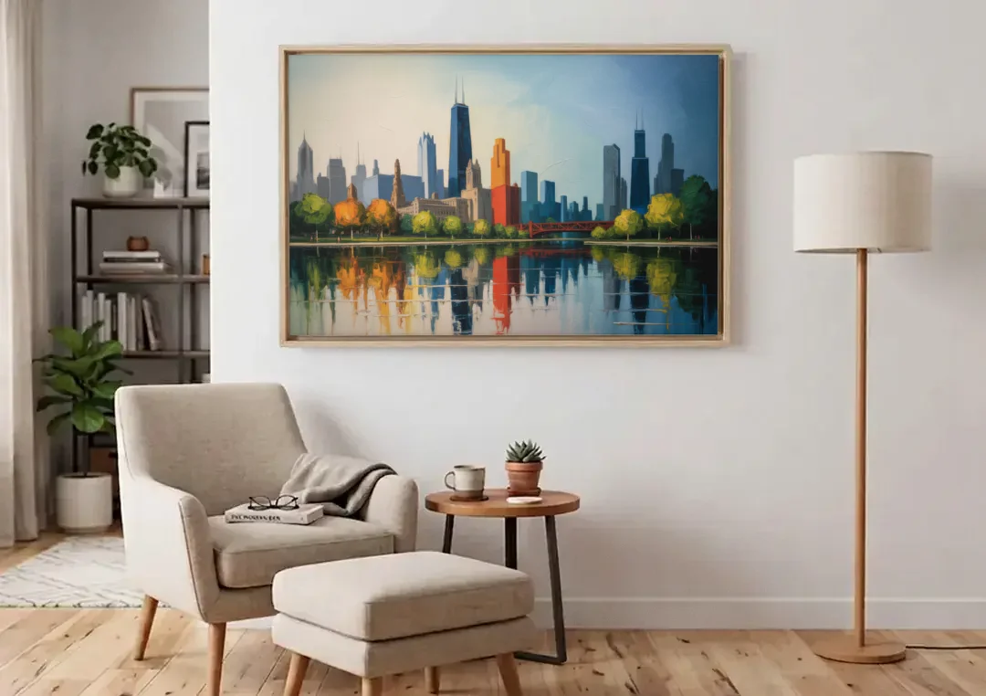Chicago Museum Campus Skyline canvas wall art above an armchair in a bright living room