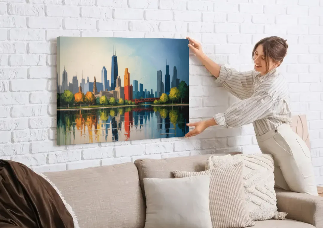 Chicago Museum Campus Skyline canvas wall art being hung on a white brick wall above a sofa