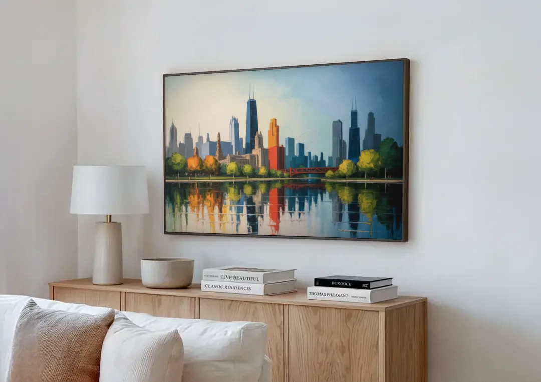 Chicago Museum Campus Skyline canvas wall art above a wooden sideboard next to a sofa