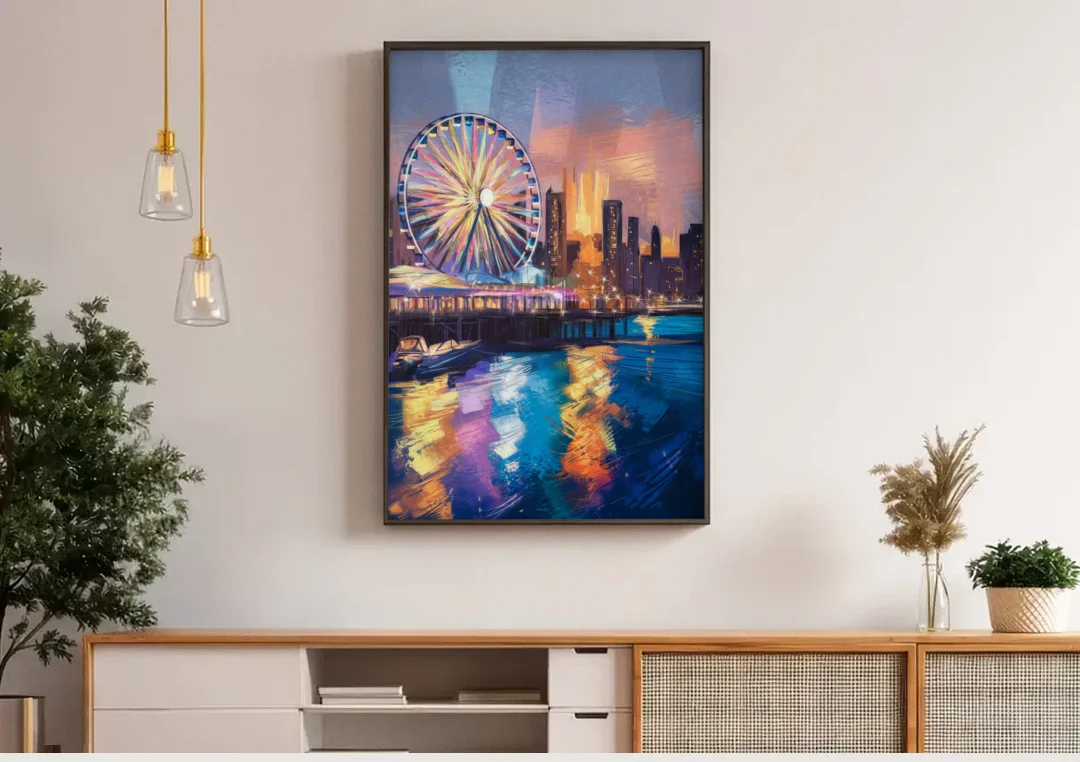 Chicago Navy Pier View canvas wall art above a wooden sideboard under pendant lights