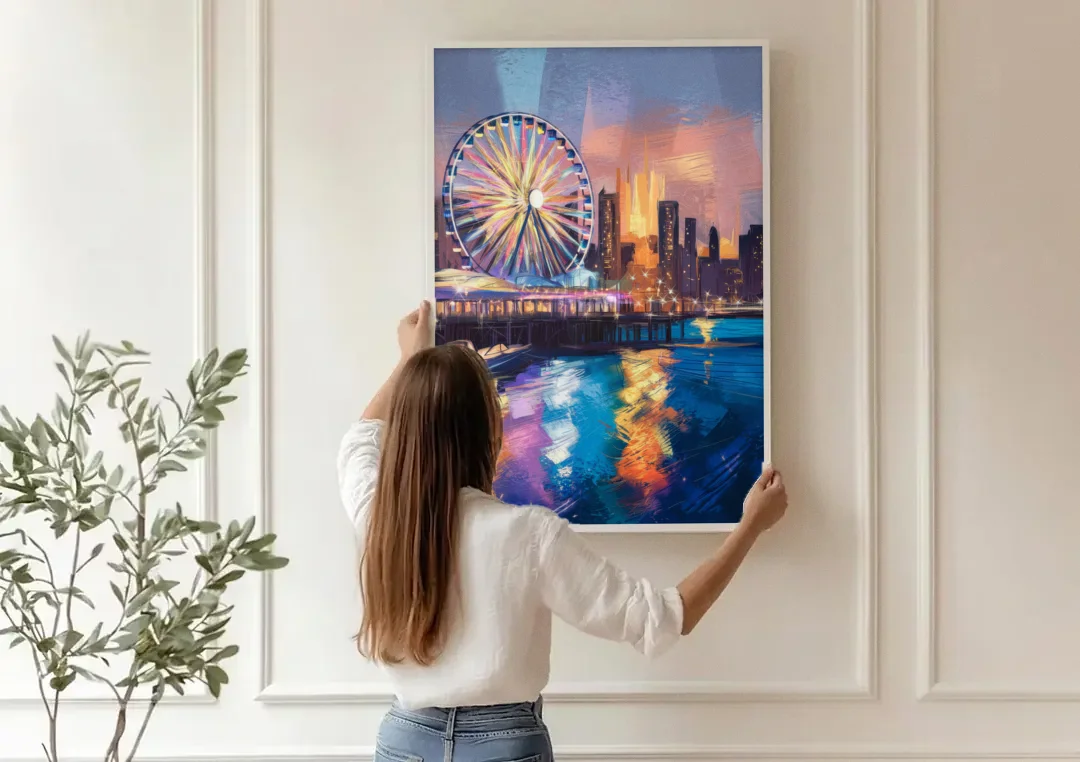 Chicago Navy Pier View canvas wall art being hung on a paneled wall