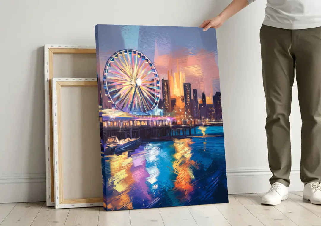Chicago Navy Pier View canvas wall art leaning against a wall next to blank canvases