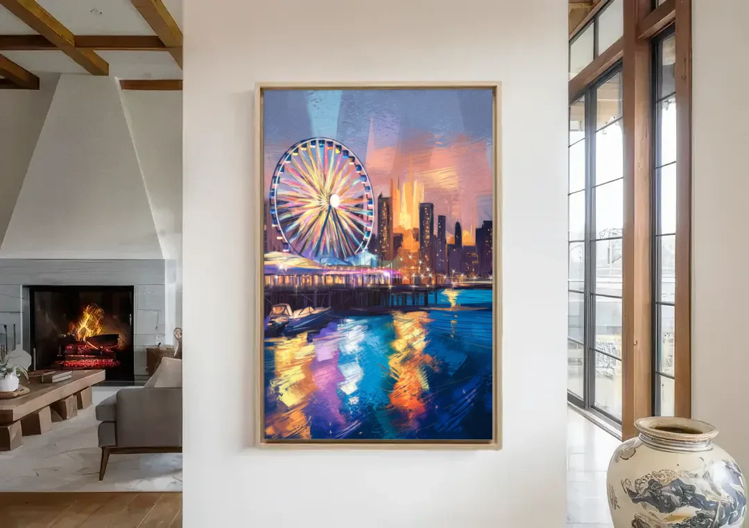 Chicago Navy Pier View canvas wall art in a living room with a fireplace