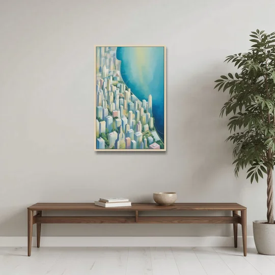 Chicago Neighborhoods Typographic Map - Oak Framed Canvas Wall Art - Coffee Table - 24x36