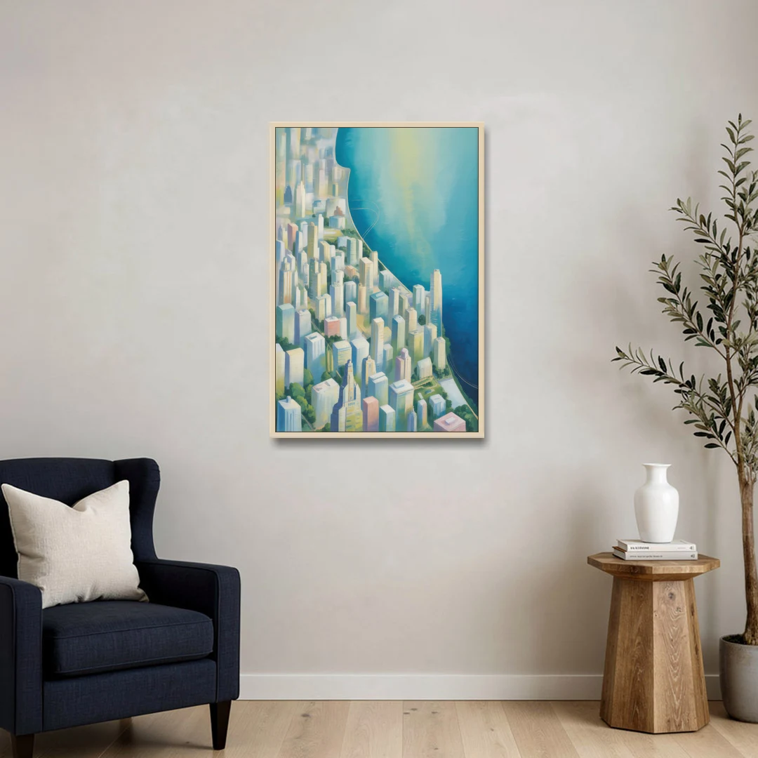Chicago Neighborhoods Typographic Map - Oak Framed Canvas Wall Art - Sofa - 24x36