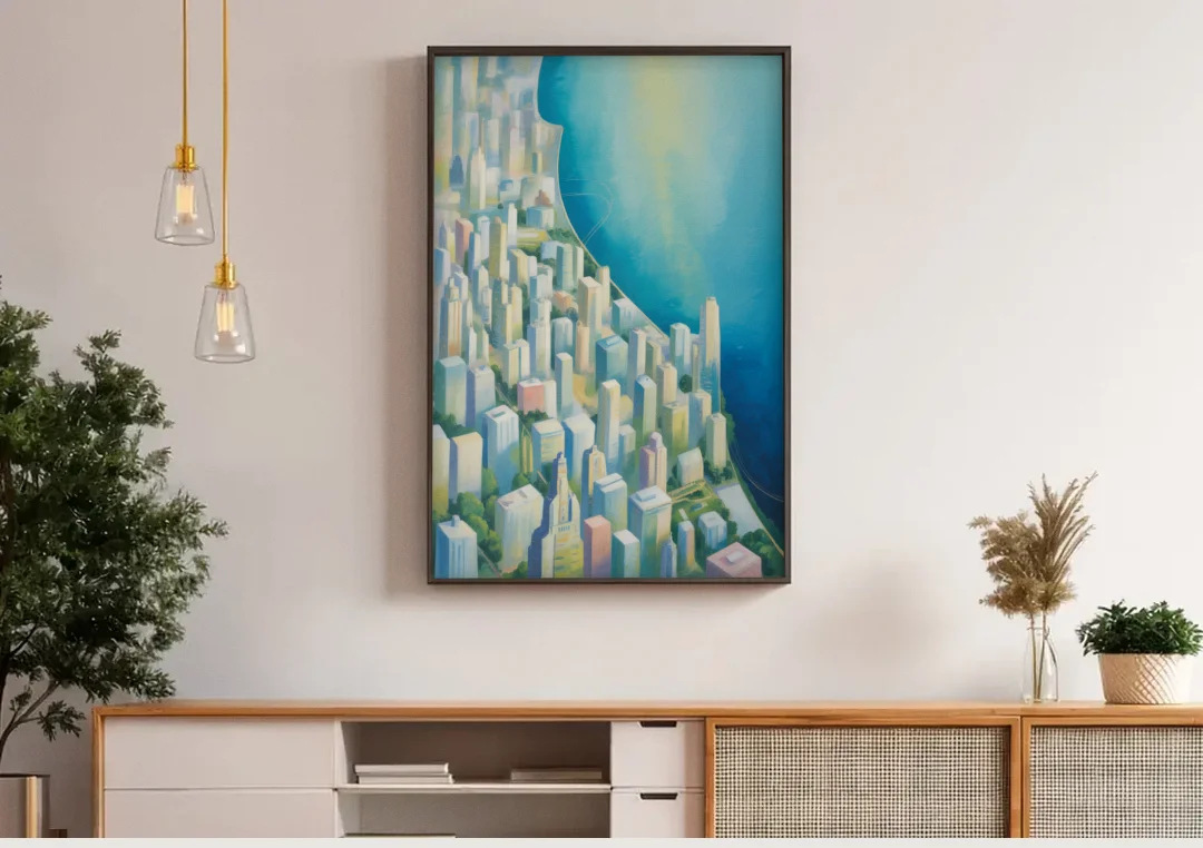 Chicago Neighborhoods Typographic Map canvas wall art above a wooden sideboard under pendant lights