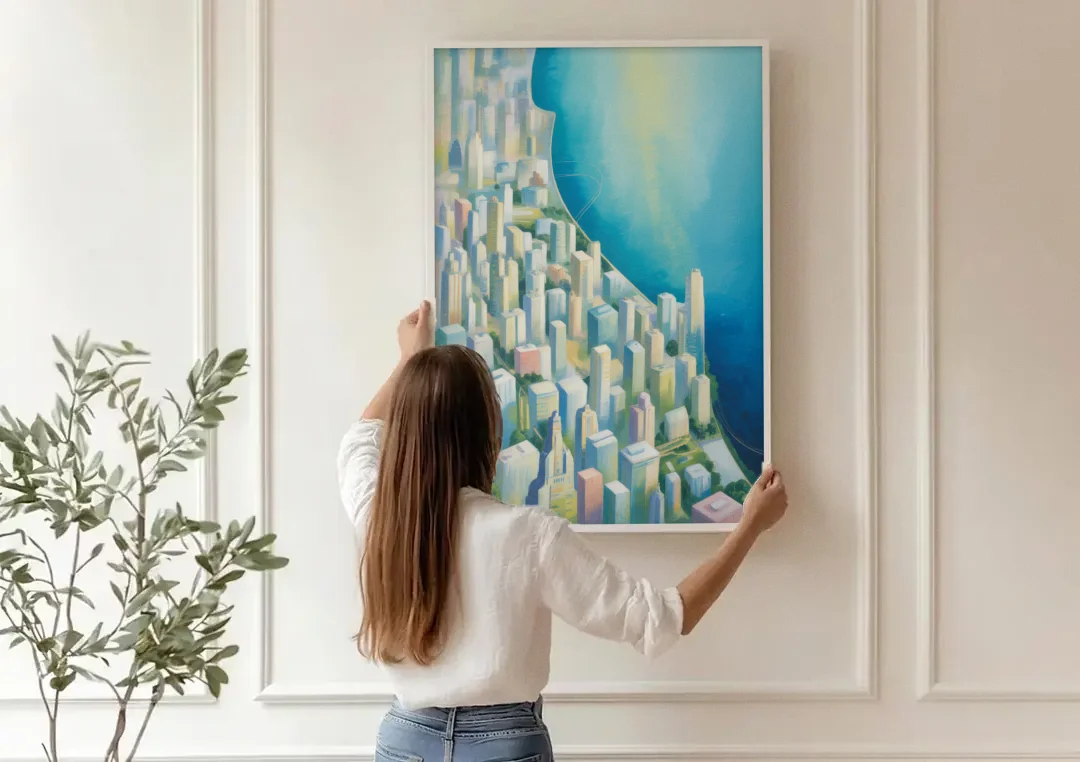 Chicago Neighborhoods Typographic Map canvas wall art being hung on a paneled wall