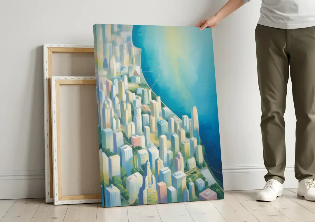 Chicago Neighborhoods Typographic Map canvas wall art leaning against a wall next to blank canvases