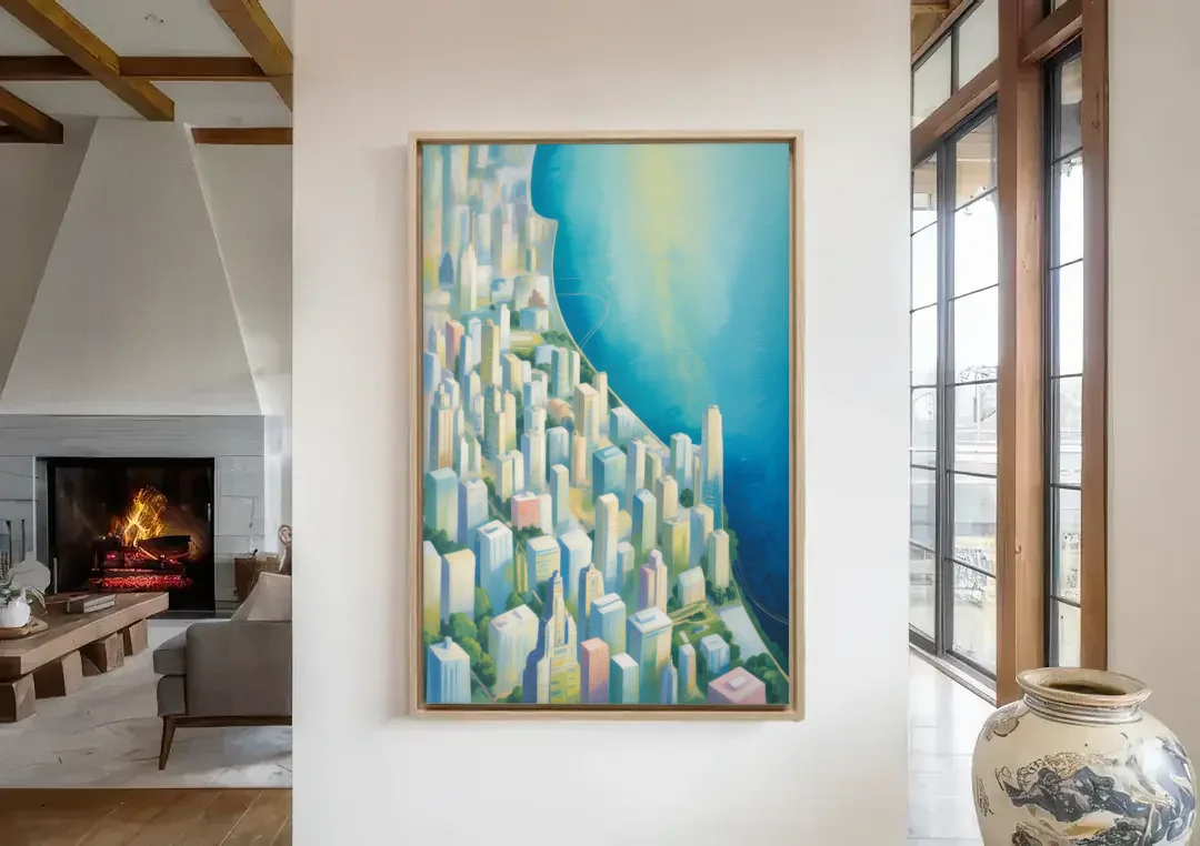 Chicago Neighborhoods Typographic Map canvas wall art in a living room with a fireplace