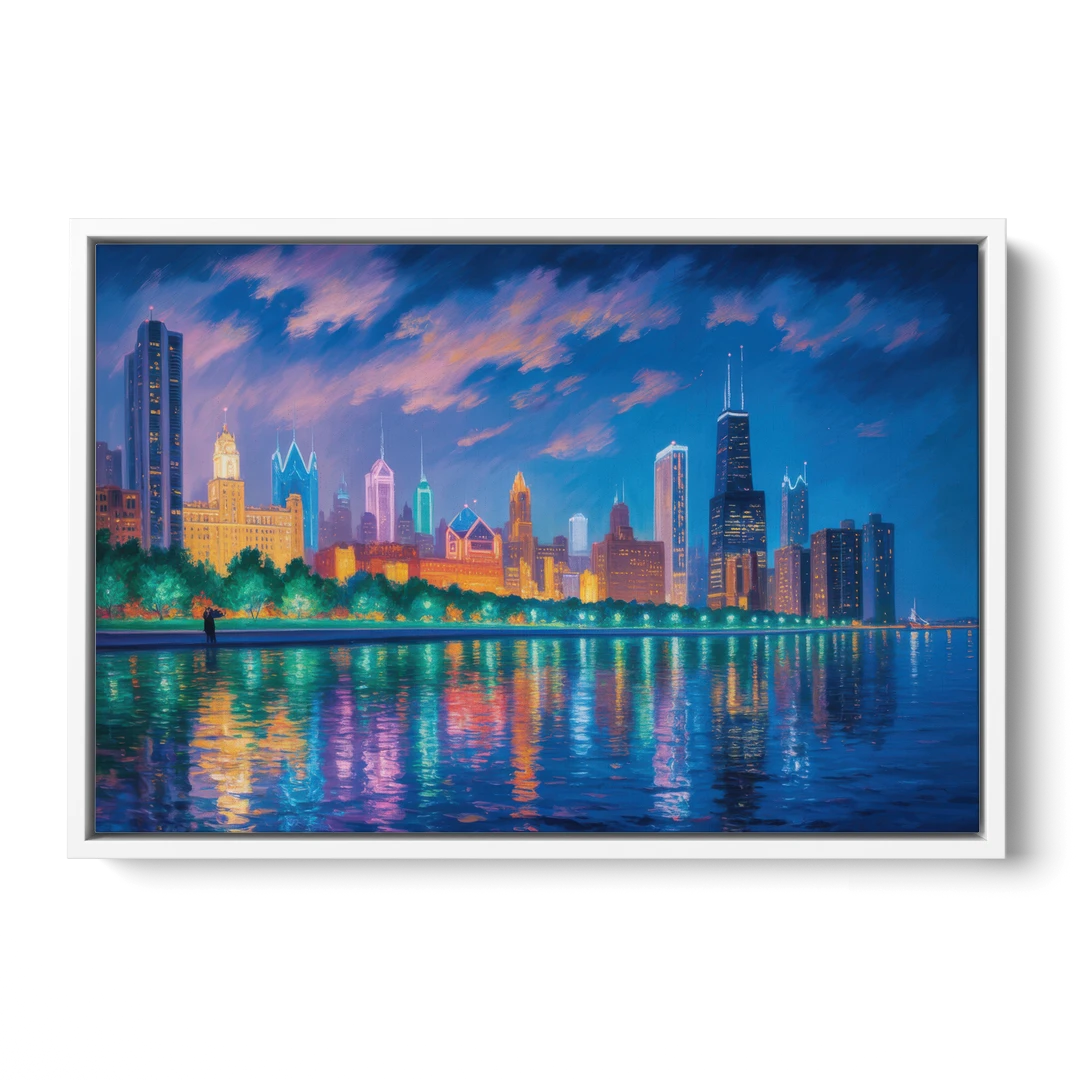 Chicago Neon Reflections at Night - White Framed Canvas Wall Art - Front