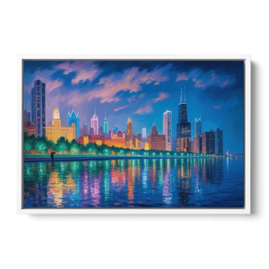 Chicago Neon Reflections at Night - White Framed Canvas Wall Art - Front