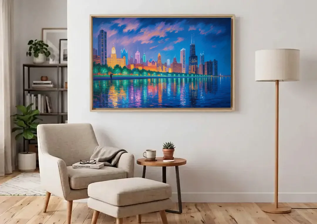 Chicago Neon Reflections at Night canvas wall art above an armchair in a bright living room