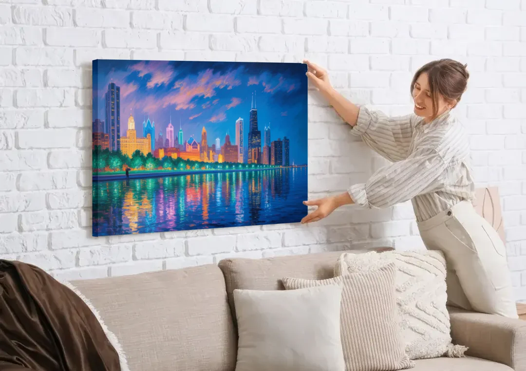 Chicago Neon Reflections at Night canvas wall art being hung on a white brick wall above a sofa