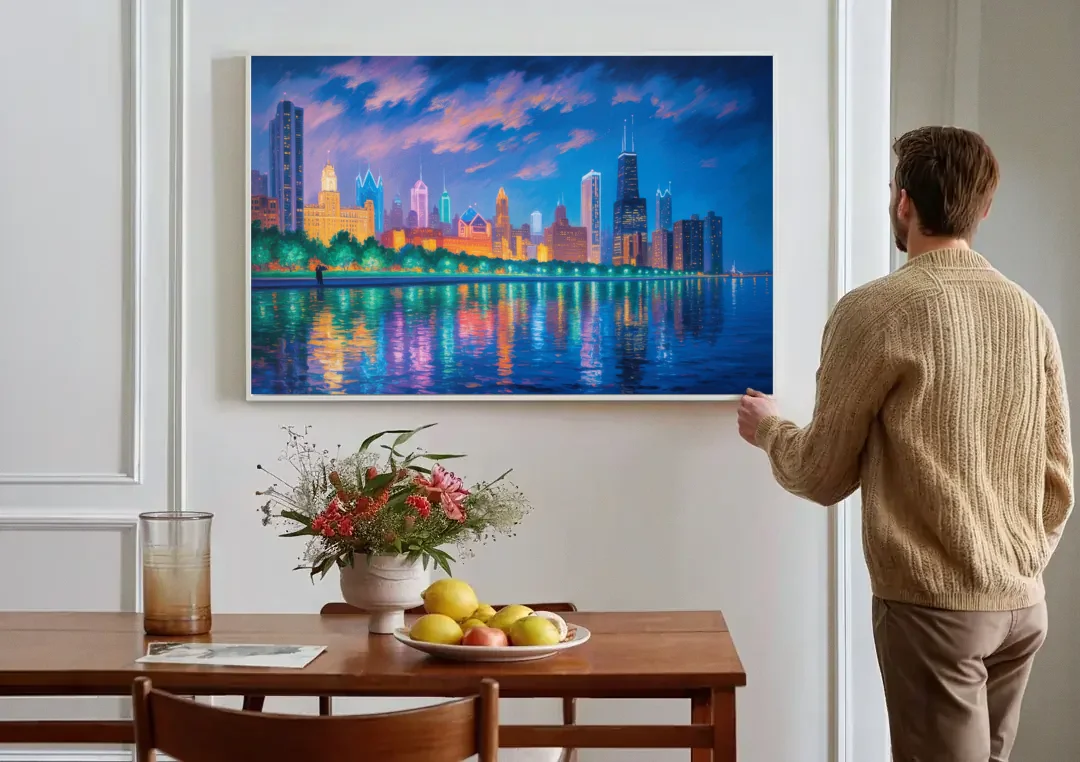 Chicago Neon Reflections at Night canvas wall art above a dining table