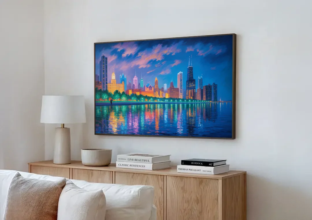Chicago Neon Reflections at Night canvas wall art above a wooden sideboard next to a sofa