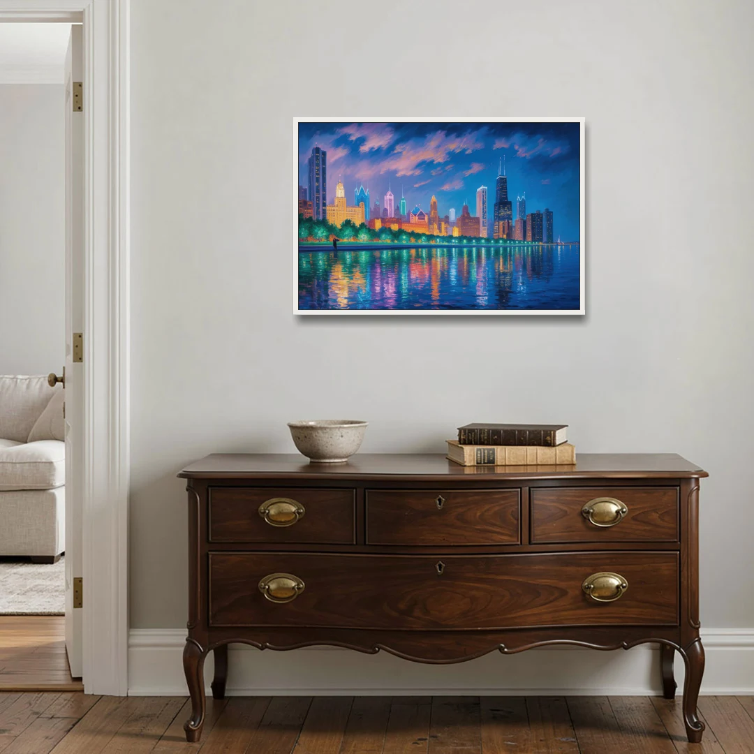 Chicago Neon Reflections at Night - White Framed Canvas Wall Art - Coffee Table - 36x24