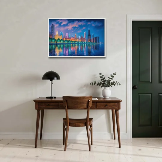 Chicago Neon Reflections at Night - White Framed Canvas Wall Art - Office - 36x24