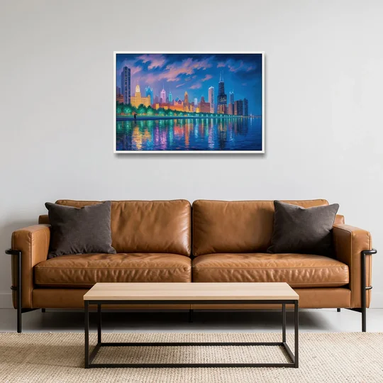 Chicago Neon Reflections at Night - White Framed Canvas Wall Art - Sofa - 36x24