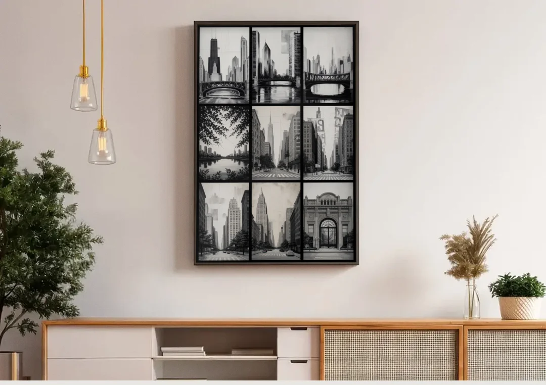 Chicago Nine Neighborhoods Grid canvas wall art above a wooden sideboard under pendant lights