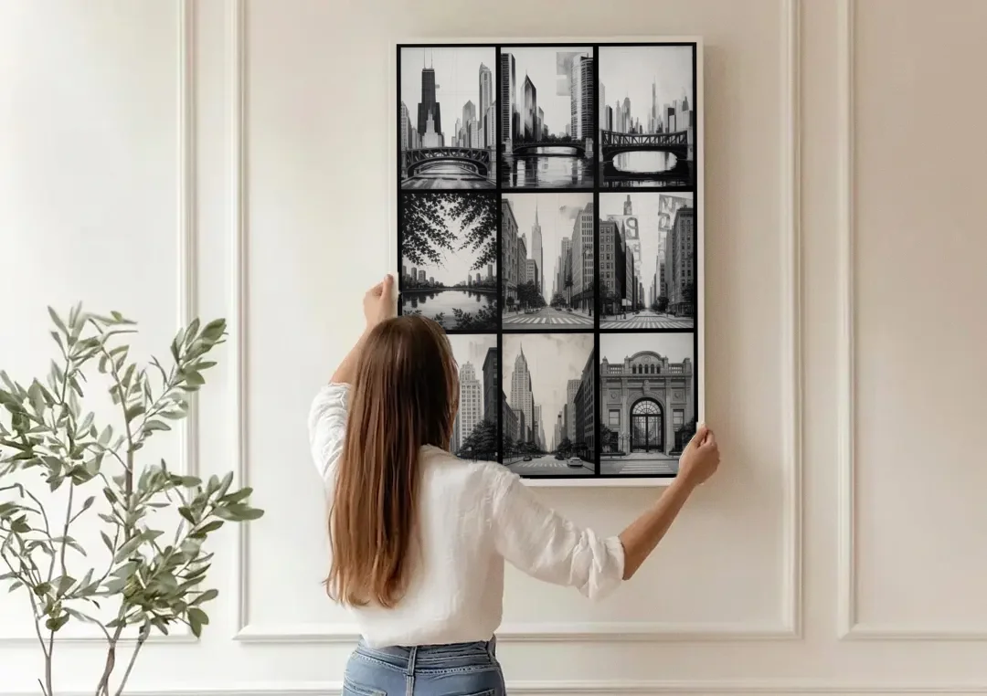 Chicago Nine Neighborhoods Grid canvas wall art being hung on a paneled wall