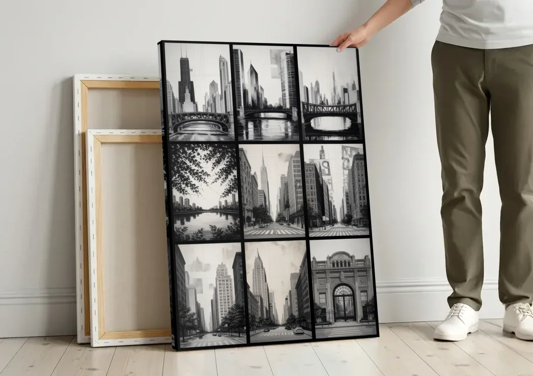 Chicago Nine Neighborhoods Grid canvas wall art leaning against a wall next to blank canvases