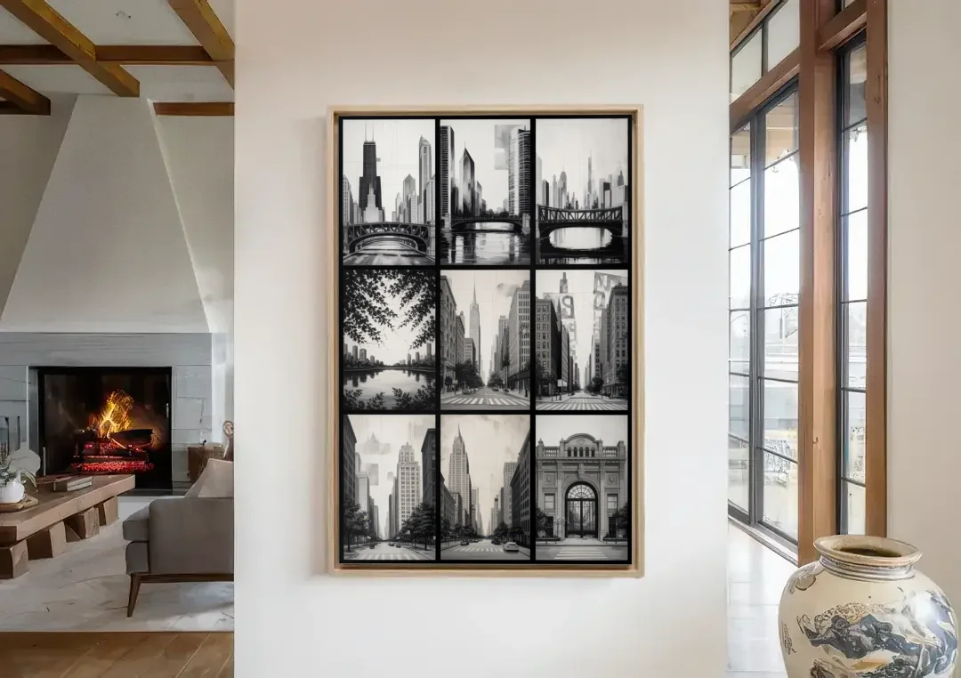 Chicago Nine Neighborhoods Grid canvas wall art in a living room with a fireplace